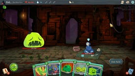A sad slime does battle in the Downfall mod for Slay The Spire.