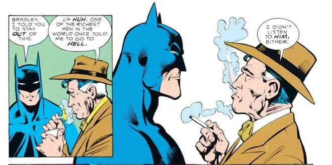 Two interior comics panels featuring Batman and Slam Bradley talking