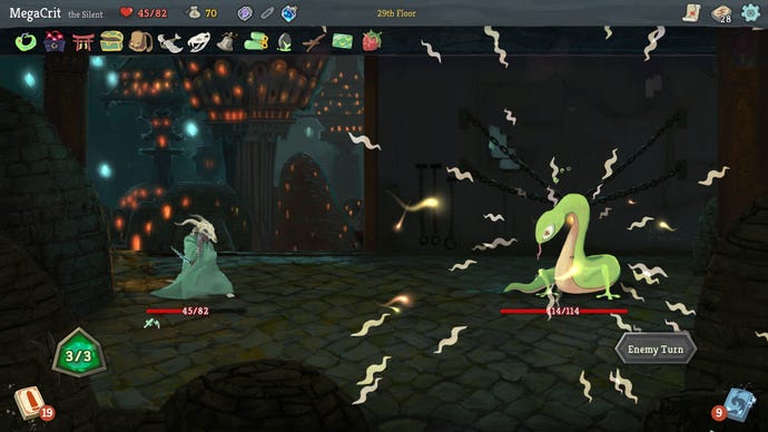 A battle between a hooded figure in an animal skull and a large snake in Slay The Spire