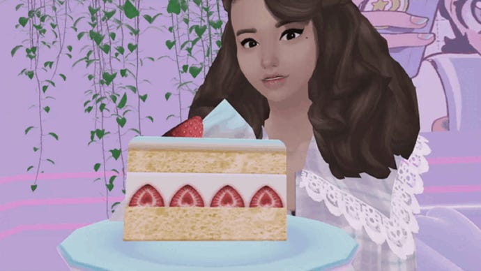 A female Sim regards a delicious-looking strawberry and cream layer cake with obvious delight in a mod for The Sims 4.