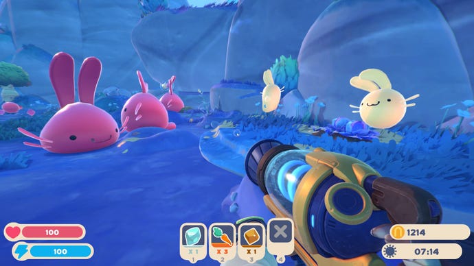 A group of cute slimes with bunny ears in Slime Rancher 2