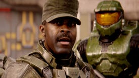 Sarge stands in front of Master Chief in Halo