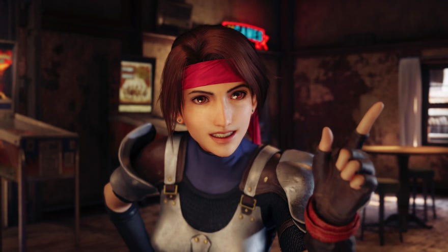 Jessie smiles as she points her finger in Final Fantasy VII Remake