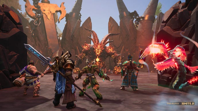 Eine Gruppe von Göttern bereitet sich darauf vor, sich im Pre-Alpha-Gameplay von Smite 2 einem gewaltigen Feuerriesen zu stellen