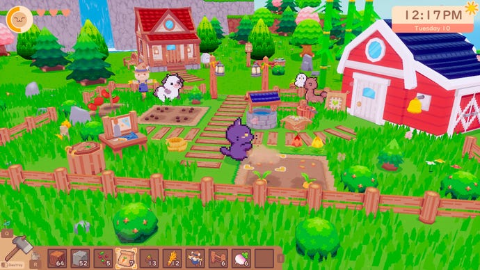 A screenshot of the town in Snacko, with a lot of green grass and idyllic vegetable plots. All the residents are cats.