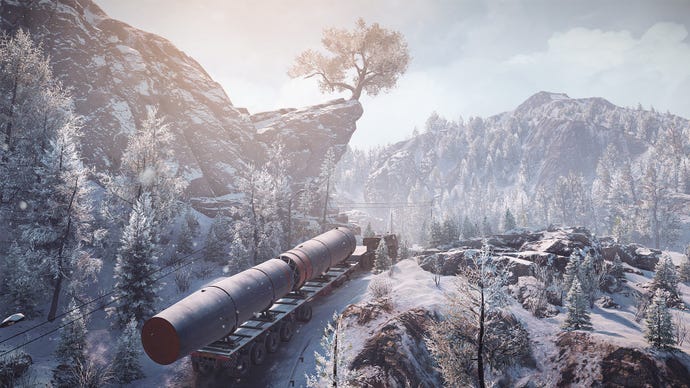 Hauling a space rocket through the snow in a screenshot from SnowRunner's Season 4 DLC missions.