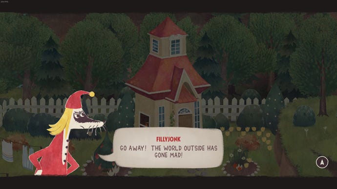Fillyjonk says, "Go away! The world outside has gone mad!" in Snufkin: Melody Of Moominvalley.