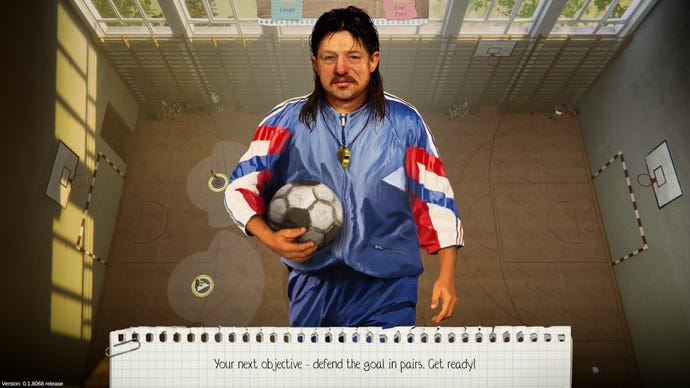 Ein erstaunlicher Sportlehrer aus den 90ern in einem Screenshot von Soccer Kids.