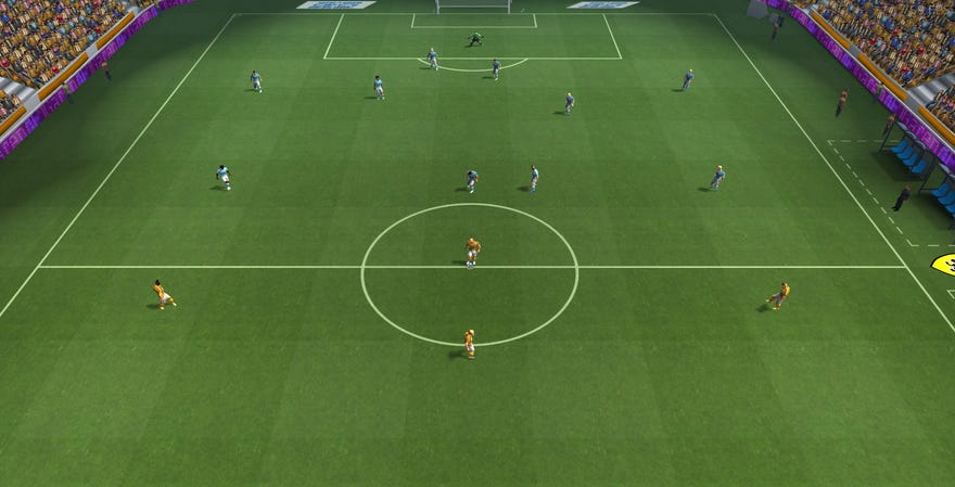 A screenshot of Sociable Soccer, showing a football pitch from above with players standing around.
