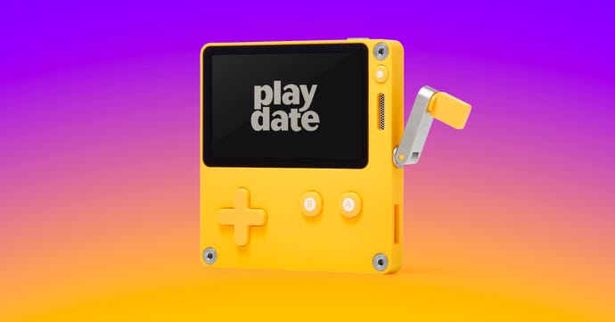 Ein Playdate, ein kleines gelbes Handheld-Spielgerät mit einer Kurbel an der Seite.