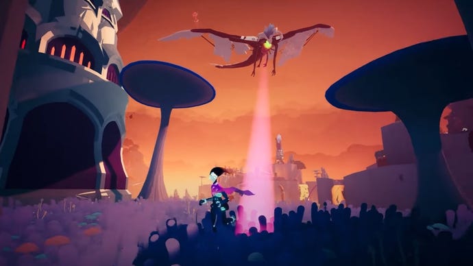 The Solar Ash skater fights a sky beastie.