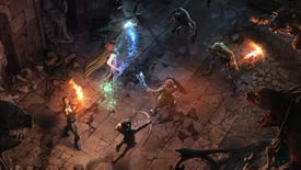 Solasta Crown Of The Magister - Concept art showing four characters wielding swords, bows, and magic, standing together at the center of a dark dungeon as monsters approach from the walls and floor.