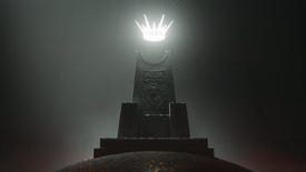 Artwork for Solium Infernum showing a black throne with a white crown hovering above it