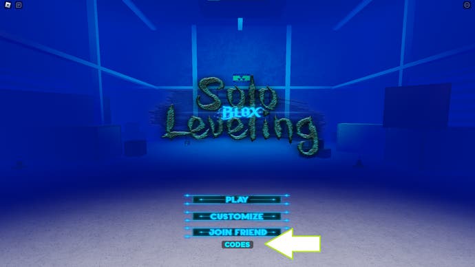 Das Hauptmenü der Solo -Blox -Nivellierung in Roblox mit einem Pfeil mit der Codes -Taste