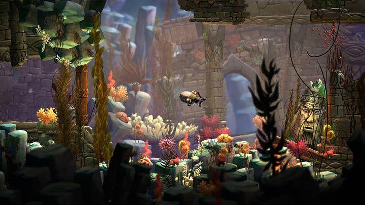 A tiny submarine floats through a submerged ruin in Song of the Deep