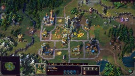 A screenshot of Songs Of Conquest showing a map of a fantasy medieval city, on which giant heroes and beasts stand.