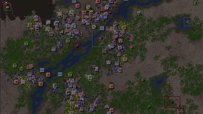 A zoomed out world map in Songs Of Syx showing a complex cluster of icons denoting different buildings and resources