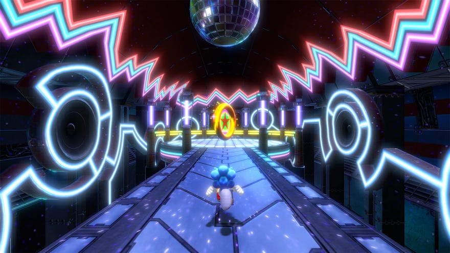 Sonic Colors: Ultimate - Sonic running towards a giant coin on a path surrounded by neon lights with a disco ball overhead.
