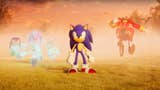 A still from Sonic Frontiers' final update trailer showing Sonic the Hedgehog, Knuckles, Tails, Amy, and Eggman posed against a dramatic red sky.