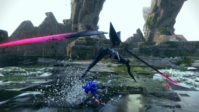 Sonic fights a robotic ninja in Sonic Frontiers.