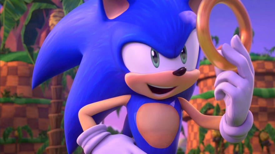 Sonic looks at a ring in the Sonic Prime animated series on Netflix.