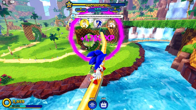 Sonic Speed Simulator review - Sonic grinding on a rail through a giant pink hoop.