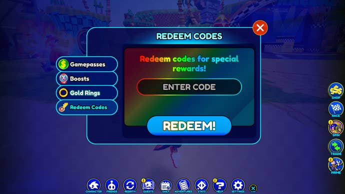 The menu used to redeem codes in Sonic Speed Simulator.