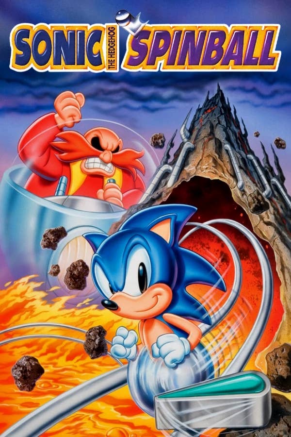 Arte de portada de Sonic Spinball;  La mancha azul corre por una pista de pinball, Eggman agita el puño con rabia detrás de él.  A lo lejos, la guarida de un volcán.