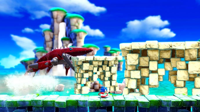 Sonic S'Éloigne À Toute Allure D'Un Robot Requin Qui Saute Hors De L'Eau Dans Sonic Superstars.