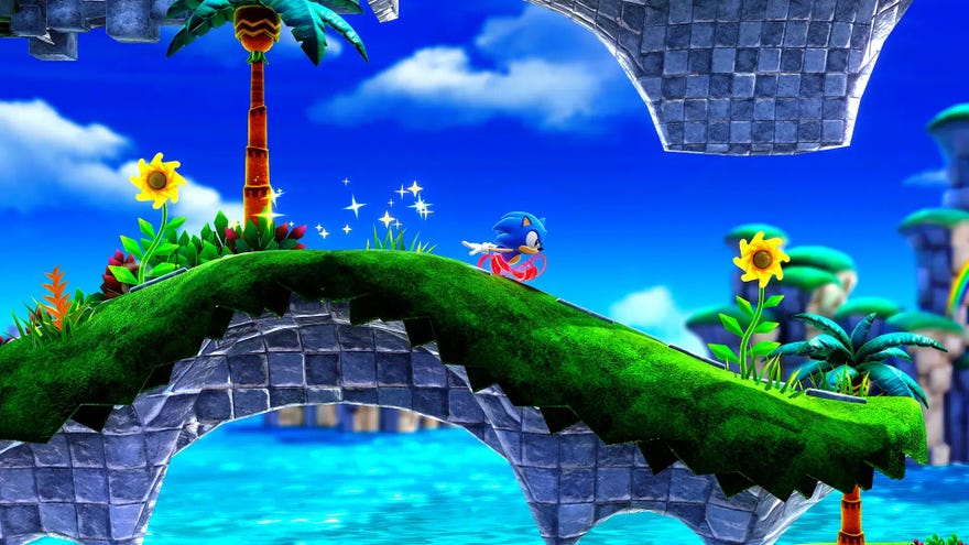 Sonic speeds along in a Sonic Superstars screenshot.