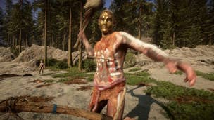 Sons of the Forest Keycards: A man wearing a golden mask and a belt of intestines is approaching the camera with a large club in his right hand