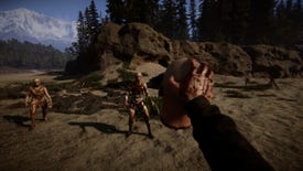 Scaring cannibals with a severed head in a Sons Of The Forest screenshot.