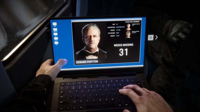 The laptop in the opening of Sons Of The Forest, showing that an old white guy in a dinner jacket called Edward Puffton has been missing for 31 weeks