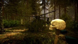 The player in Sons of the Forest holding a stick with a skull on the end looking at a helicopter covered in vines.