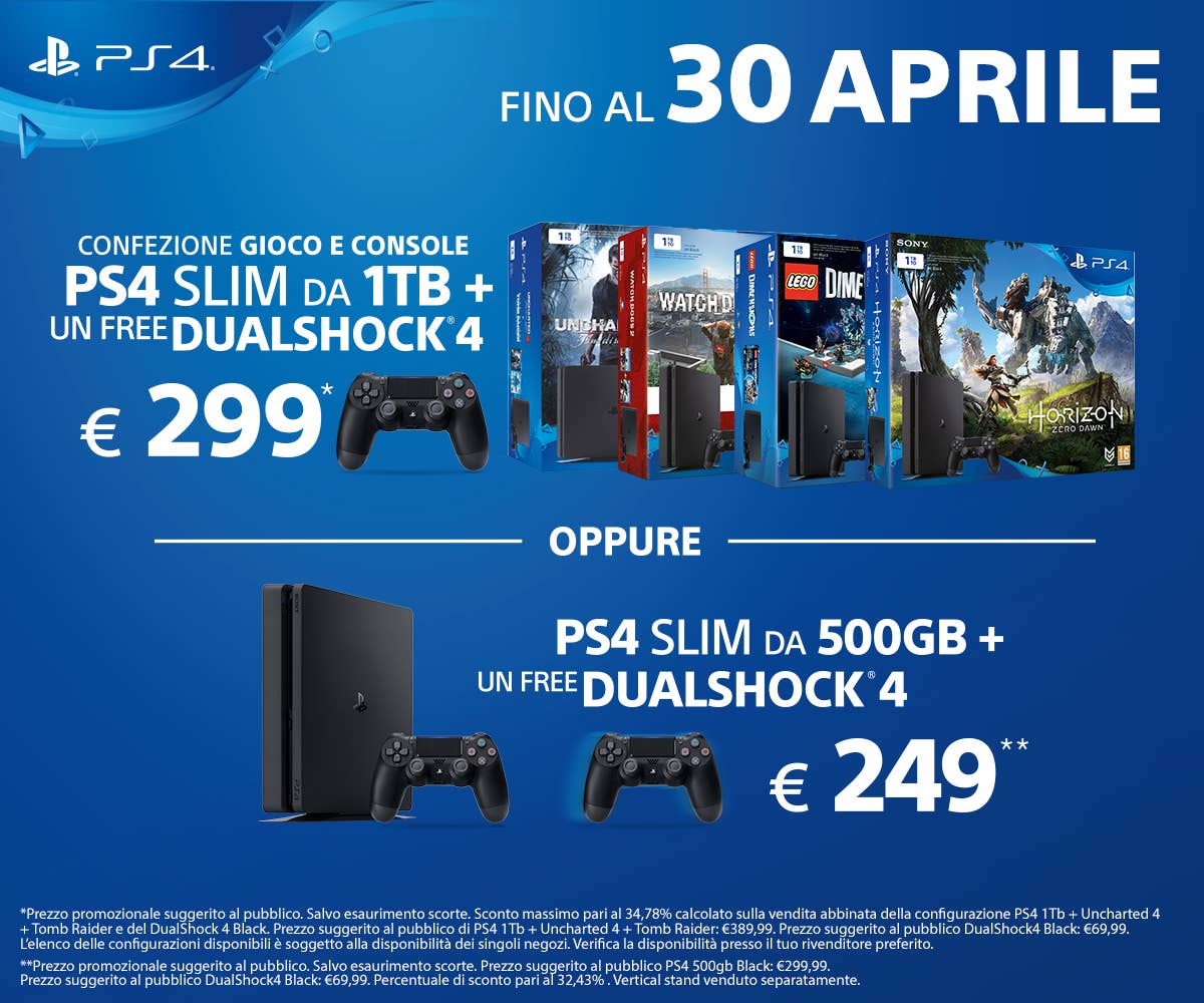 Sony Italia lancia nuove offerte valide per l'acquisto di PS4 Slim e PS4  Pro fino al 30 aprile