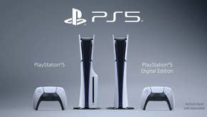 The PS5 slim disc and discless versions stood vertically side by side with Dualsense controllers. A disclaimer in the corner reads "vertical stand sold separately".