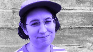 Purple image of Sophie Yanow wearing a hat and glasses