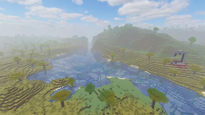Een rivier in een Minecraft-landschap, met een geruïneerde portaal aan de rechterkant