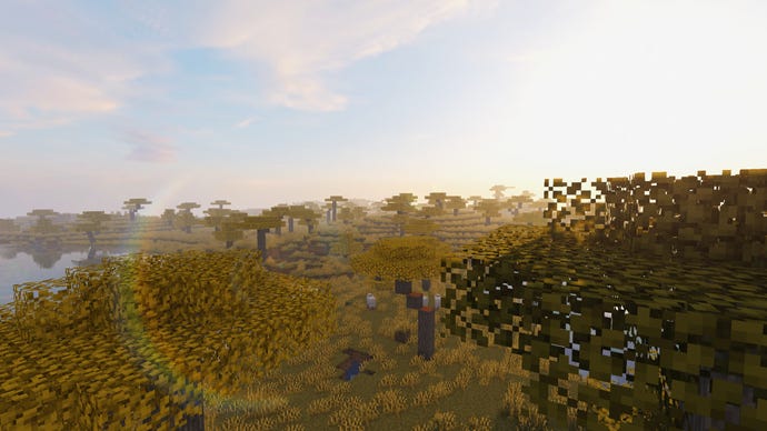 A Minecraft savanna biome landscape.