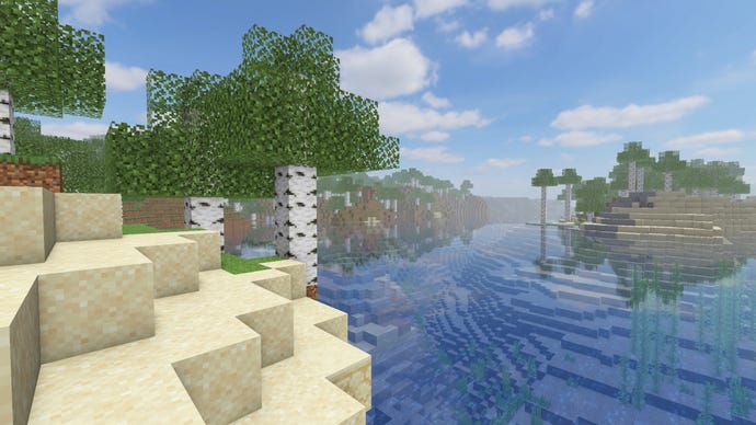 A birch forest on the edge of a river in Minecraft.