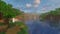A screenshot of a river in Minecraft, with some trees on either side of the bank and a hill in the distance, taken using Sora shaders.