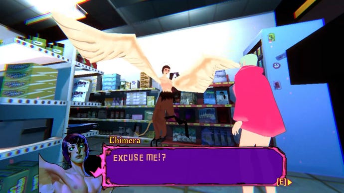 A winged centaur rears up and shouts at a woman in a convenience store in Sorry We're Closed