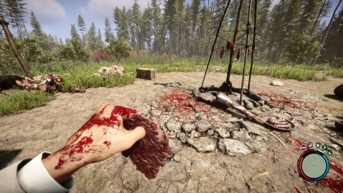 The player in Sons Of The Forest harvests a piece of creepy armor from a dead mutant in a cannibals' camp.