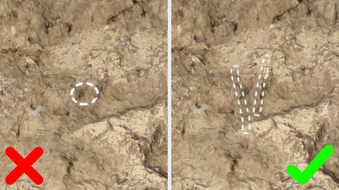 A side-by-side comparison of the two modes of placing a Stick on the ground in Sons Of The Forest, showing the right and wrong approach when it comes to starting a fire.