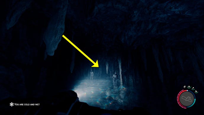 Người chơi trong Sons of the Forest Hướng đạo một nhóm lớn các đột biến trong một hang động khỏi sự an toàn của một vùng nước