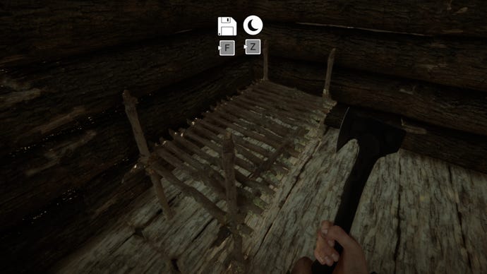 The player interacts with a Stick Bed in the corner of their house in Sons Of The Forest.