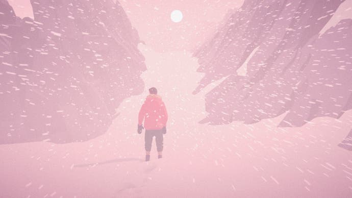 A man in polar exploration gear standing in a blizzard at sunset.