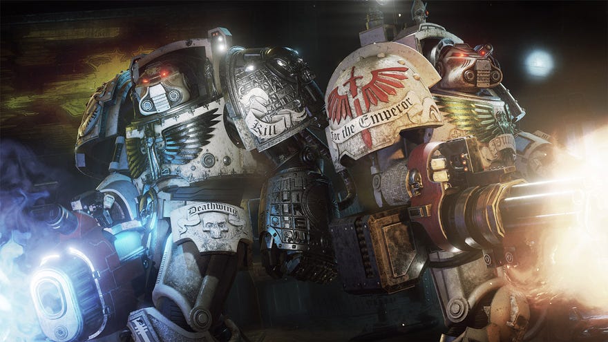 Two Space Marine Terminators fire their giant guns in a Space Hulk: Deathwing screenshot.