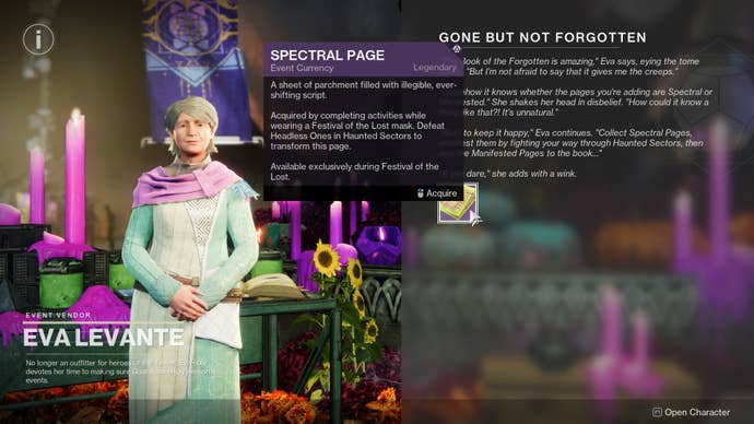 Destiny 2 Spectral Pages : 녹색과 흰색 드레스를 입은 노인 여성이 자주색 양초 앞에 서 있습니다. 텍스트 창은 스펙트럼 페이지가 무엇인지 설명합니다