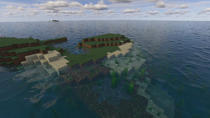 A treeless island in the middle of an ocean in Minecraft.
